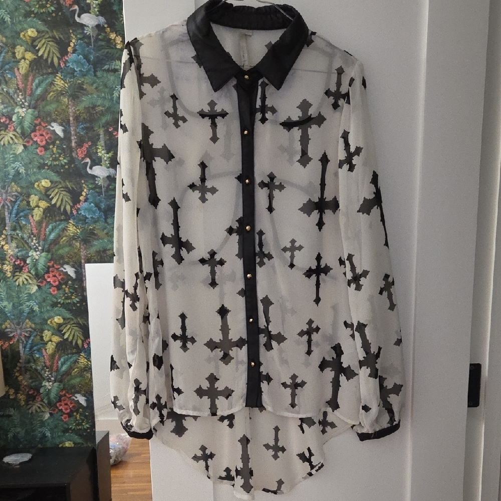 Sheer Black and White Cross Blouse - Picture 5 of 9